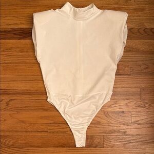 GoodTimeUSA Shoulder Pads Bodysuit Mock Neck Back Zip Cream Ivory Women L
